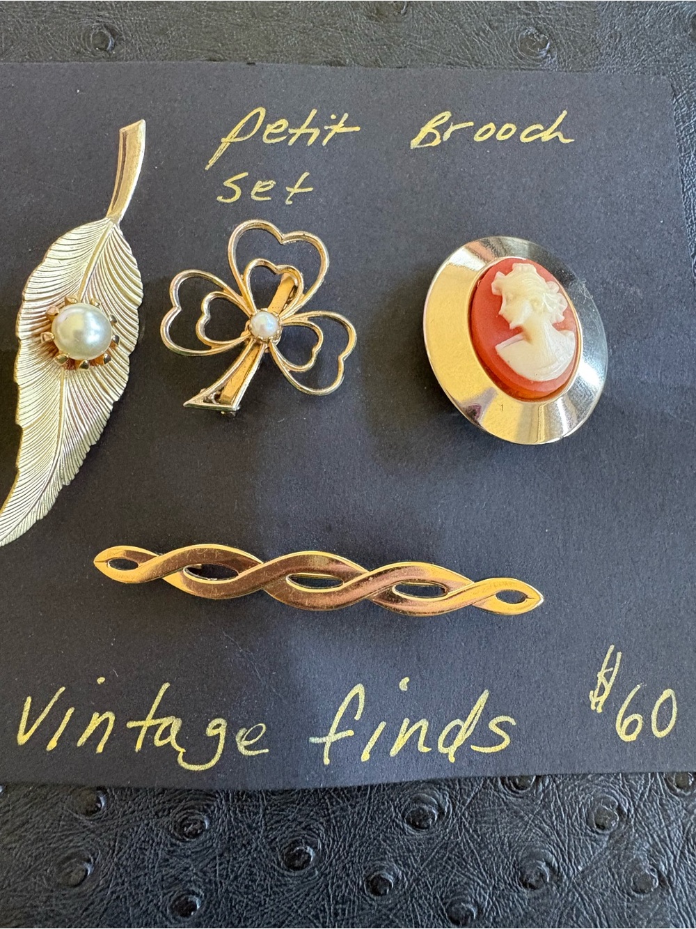 Vintage Gold-Tone Brooch Set with Cameo and Pearl